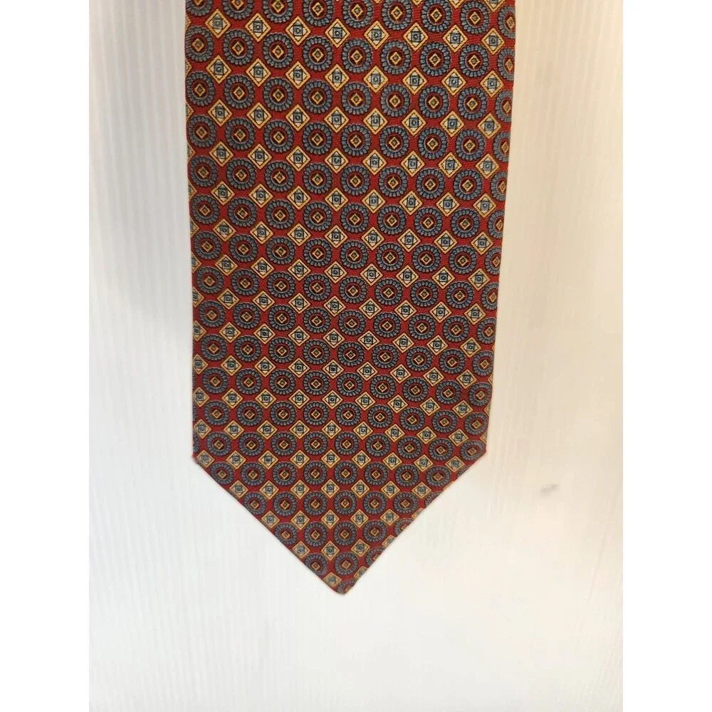 FJW Men's Woven Silk Geometric Tie Pointed Red Blue Gold